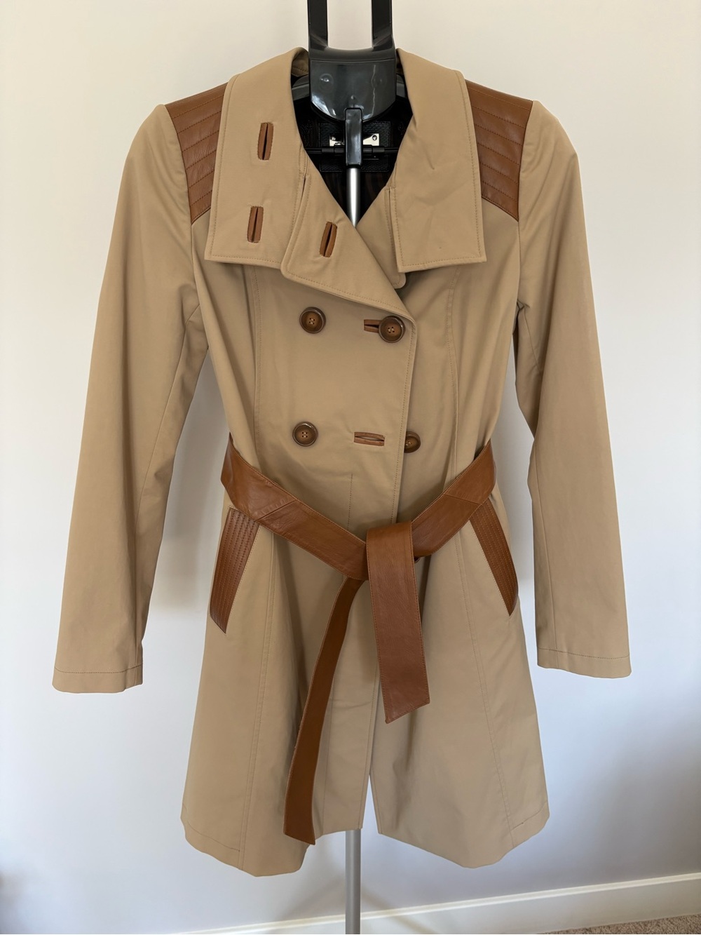 Mackage Double-Breasted Tan Trench Coat with Caramel Leather Trim